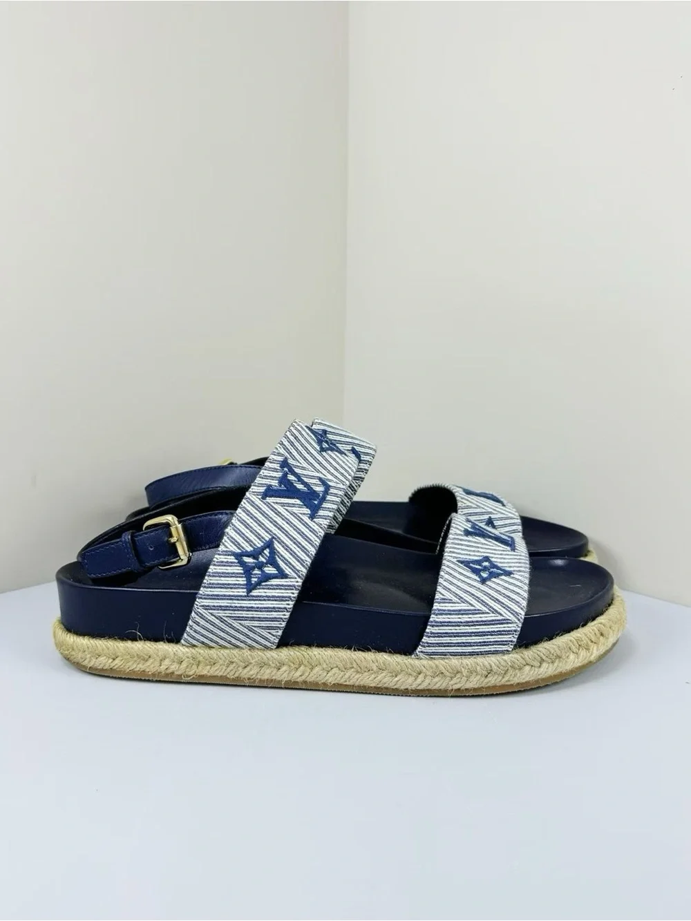 🚩steal Louis Vuitton Navy Blue and White Monogram Espadrille Sandals - Picture 3 of 6